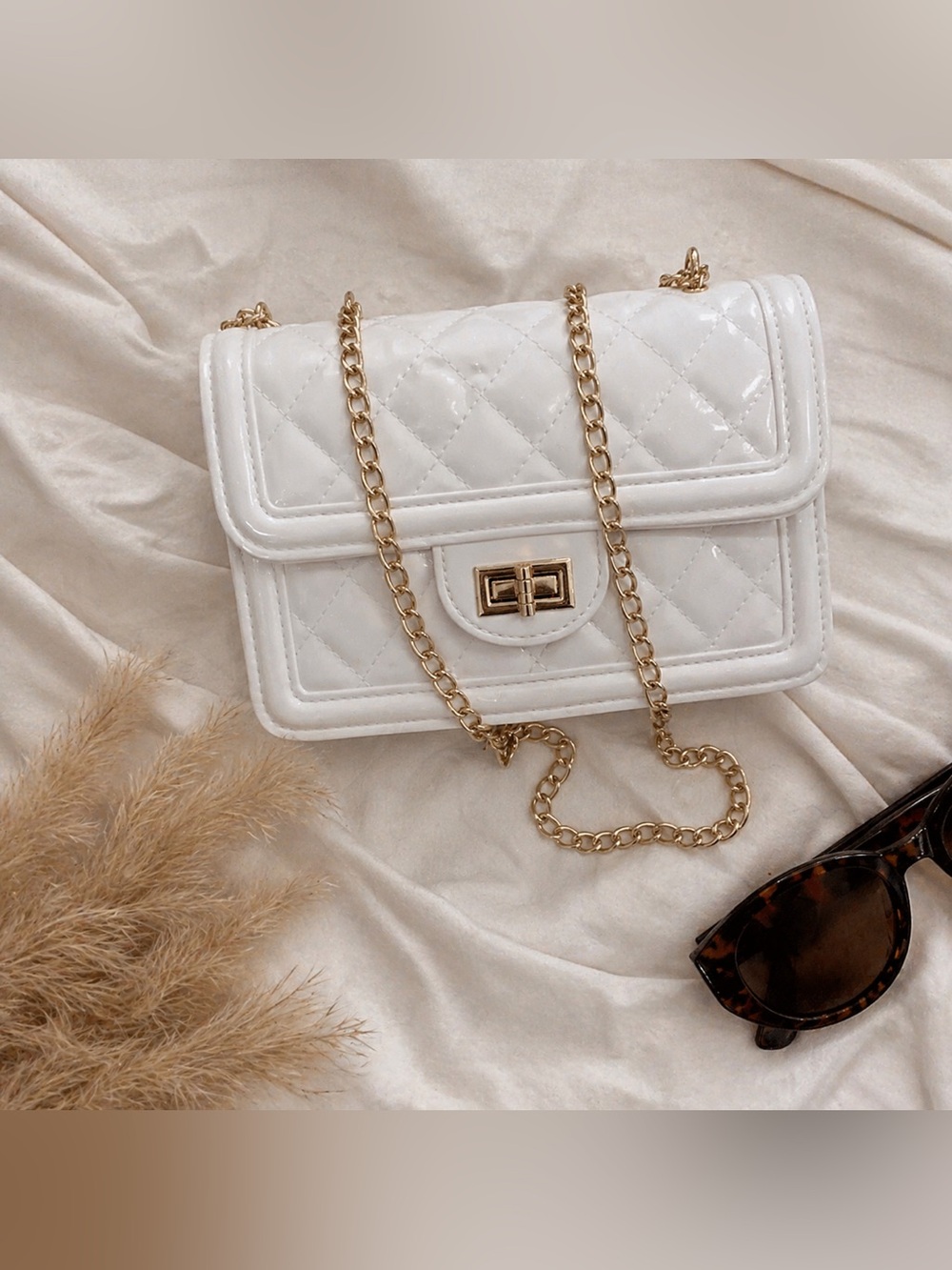 White Quilted Crossbody Bag with Gold Chain